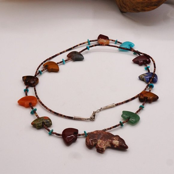 Vintage Southwest Native American Bear Fetish Multi Gemstone Necklace 30" - Picture 7 of 10
